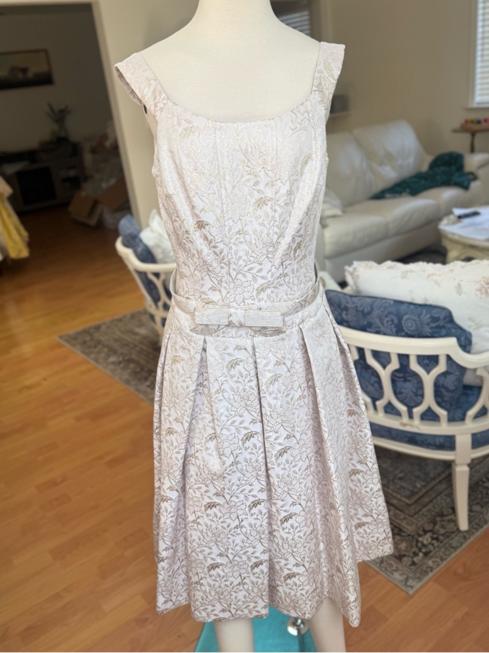 Teri Jon Light Champagne Floral Jacquard Fit-and-Flare Midi Dress
